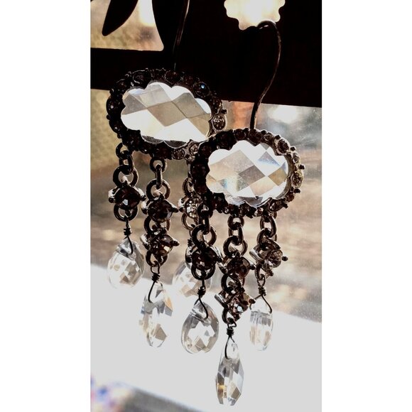 M0NET Signed Vintage Dangle Earrings Silver-Tone Clear Facet Crystal Rhinestones - Picture 3 of 6